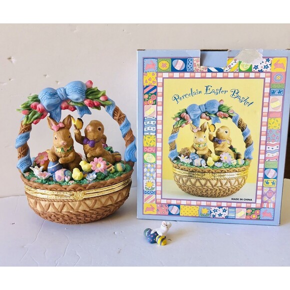 Porcelain Bunny In A Easter Egg Basket Rabbit Chickens Eggs, Flowers 9" Tall - Picture 1 of 12